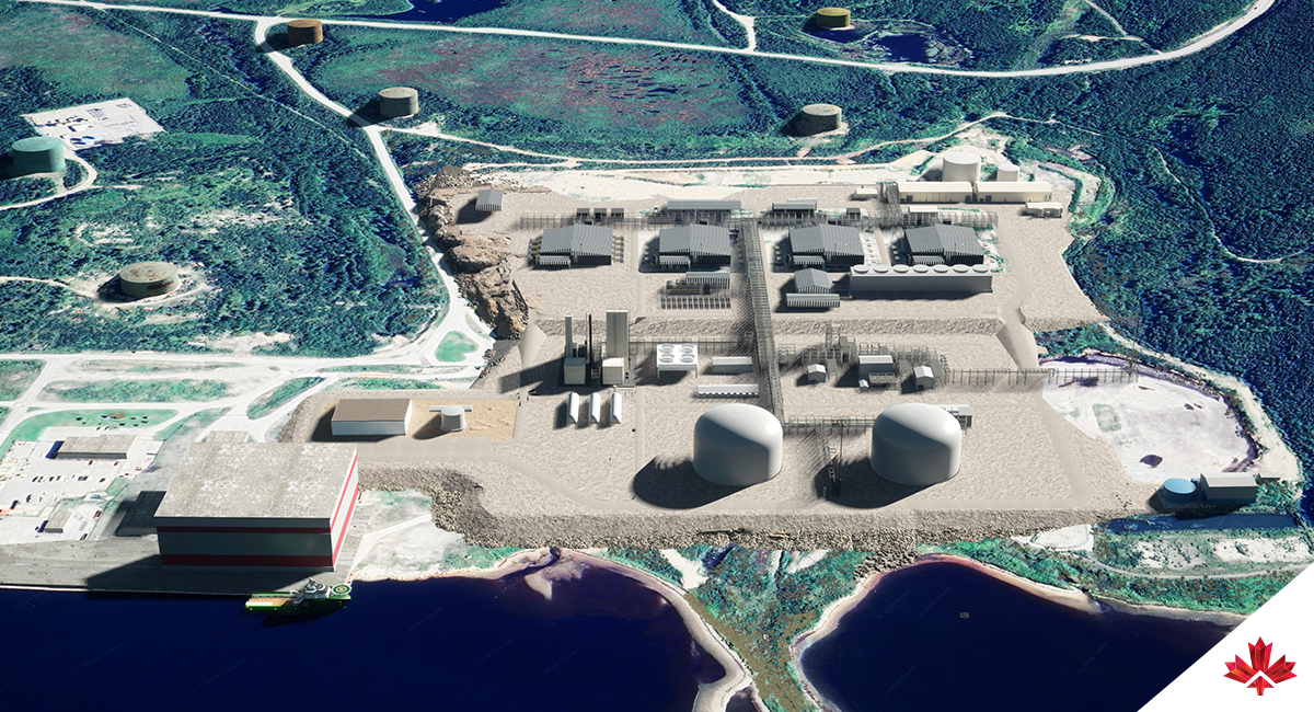 This is a bird’s-eye view rendering image from what World Energy GH2’s hydrogen plant in Port of Stephenville, in Newfoundland and Labrador will look like. It shows the plant and the surrounding water and land. 