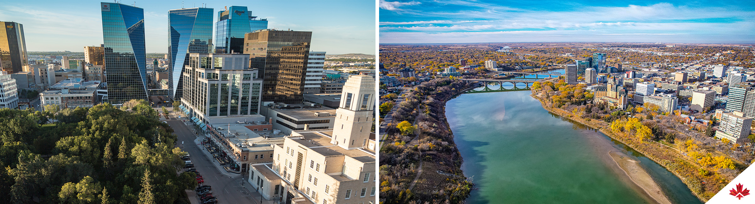 Aerial view of downtown Regina (left). Aerial view of downtown Saskatoon (right).