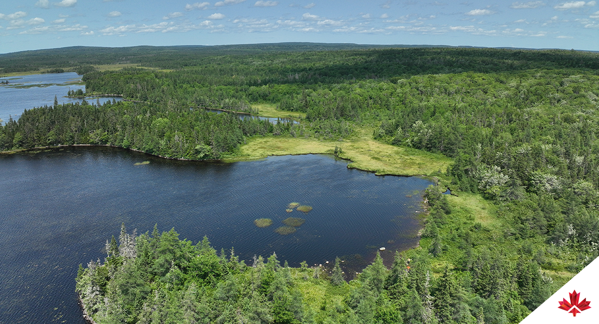 Aerial view showing a body of water and some forests surrounding it, the future site of Simply Blue Group’s Renewable Energy Park.