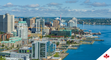 Aerial view of the Halifax city skyline on a sunny day in Nova Scotia, Canada. 