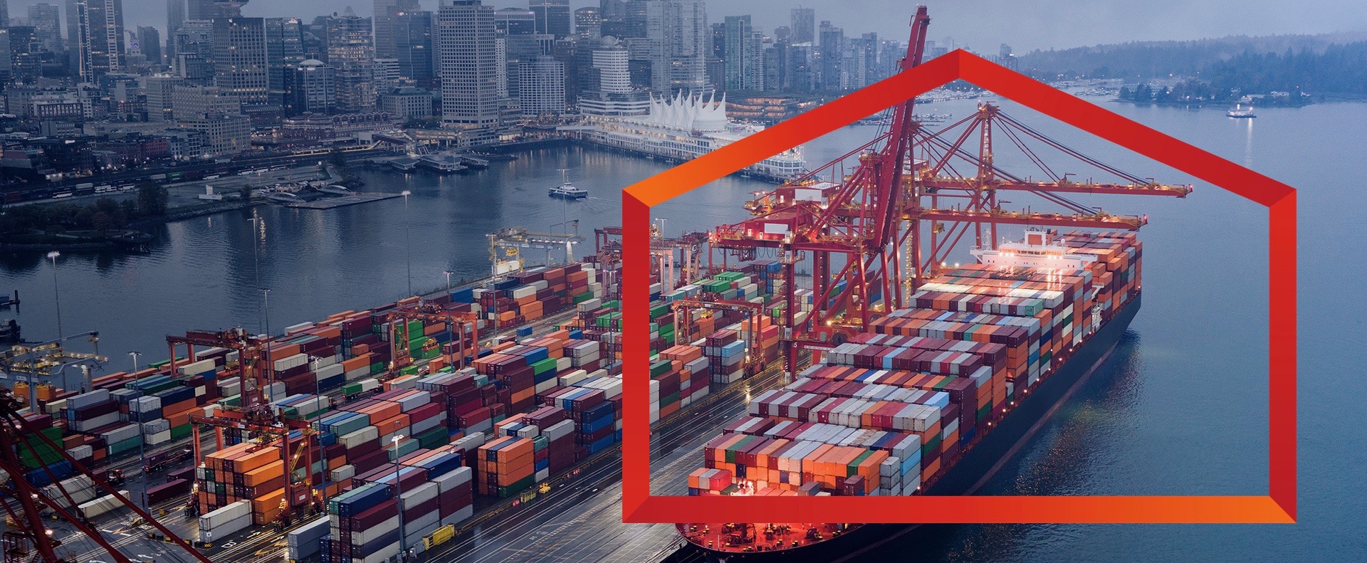 An aerial view shows a massive container ship docked at a port, heavily loaded with thousands of colorful shipping containers. Large red gantry cranes extend over the ship, ready for loading or unloading in Canada.